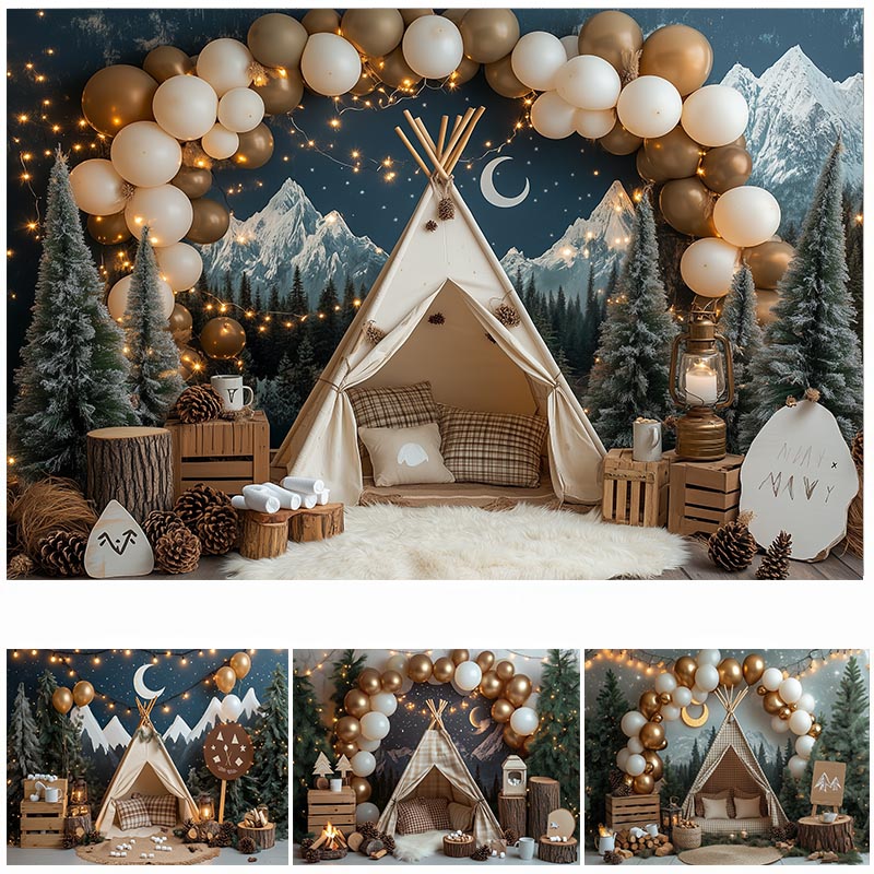 Outdoor Adventure Background - LS Night Camping Photography Backdrop Forest