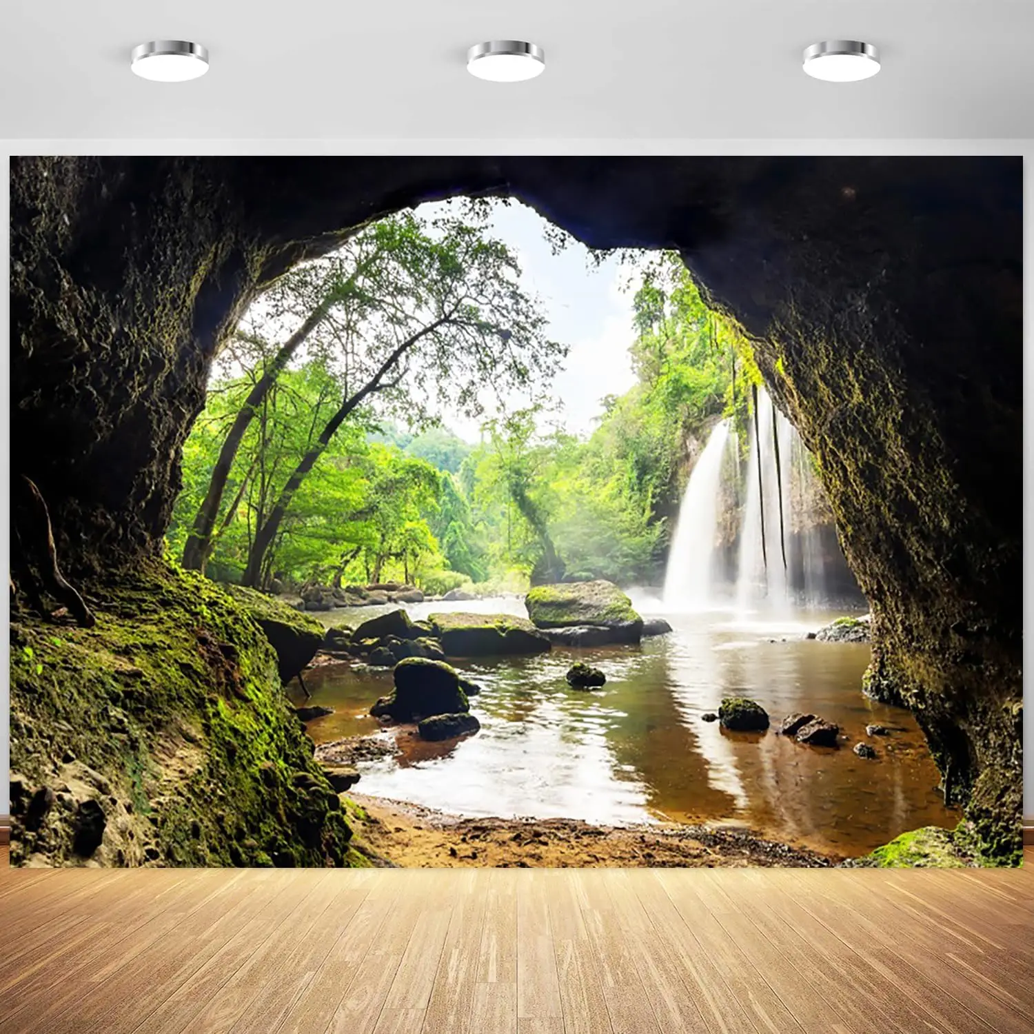 Forest Waterfall Mountain Cave - Outdoor Adventure Background ulasan dan harga