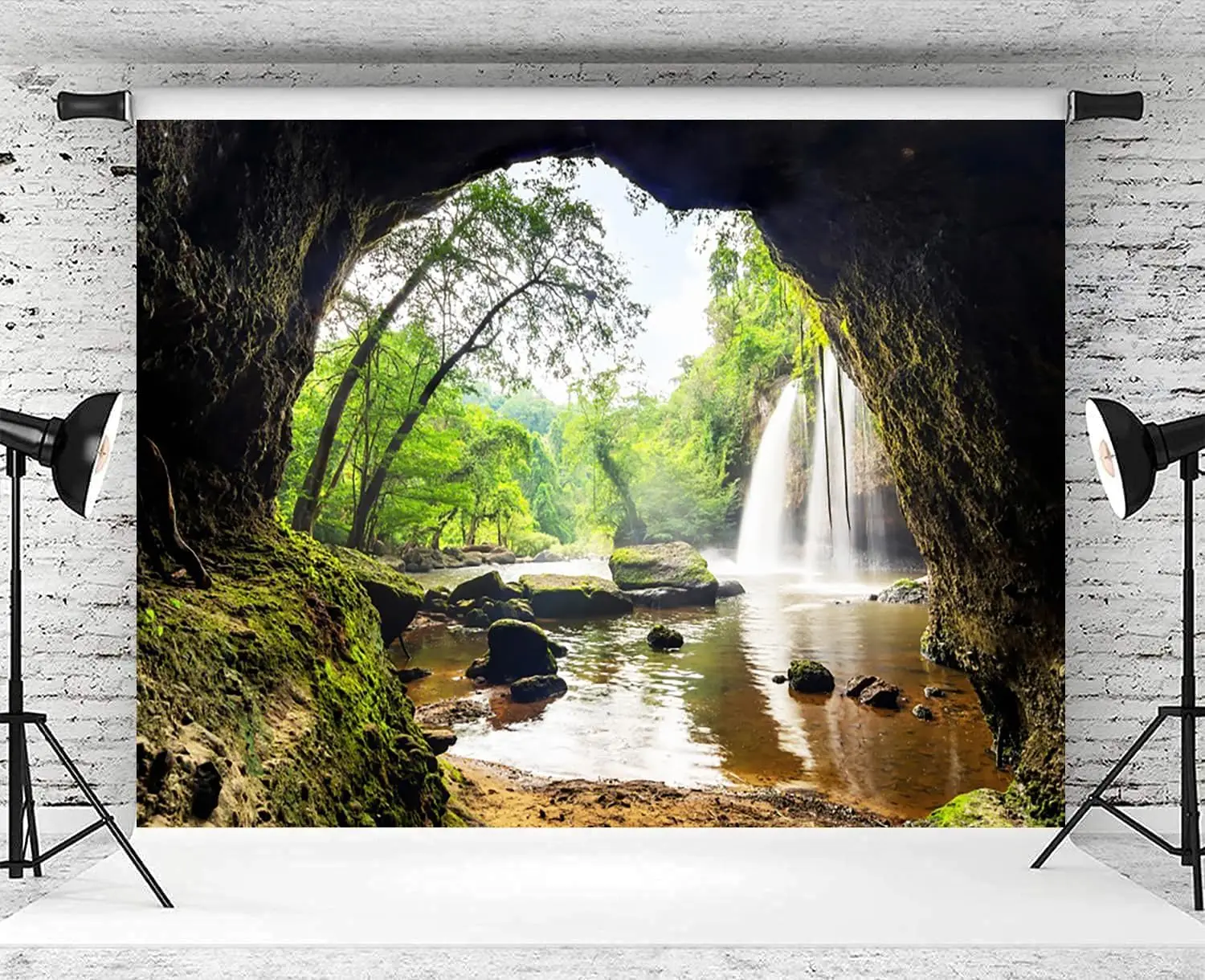 Forest Waterfall Mountain Cave - Outdoor Adventure Background ulasan dan harga